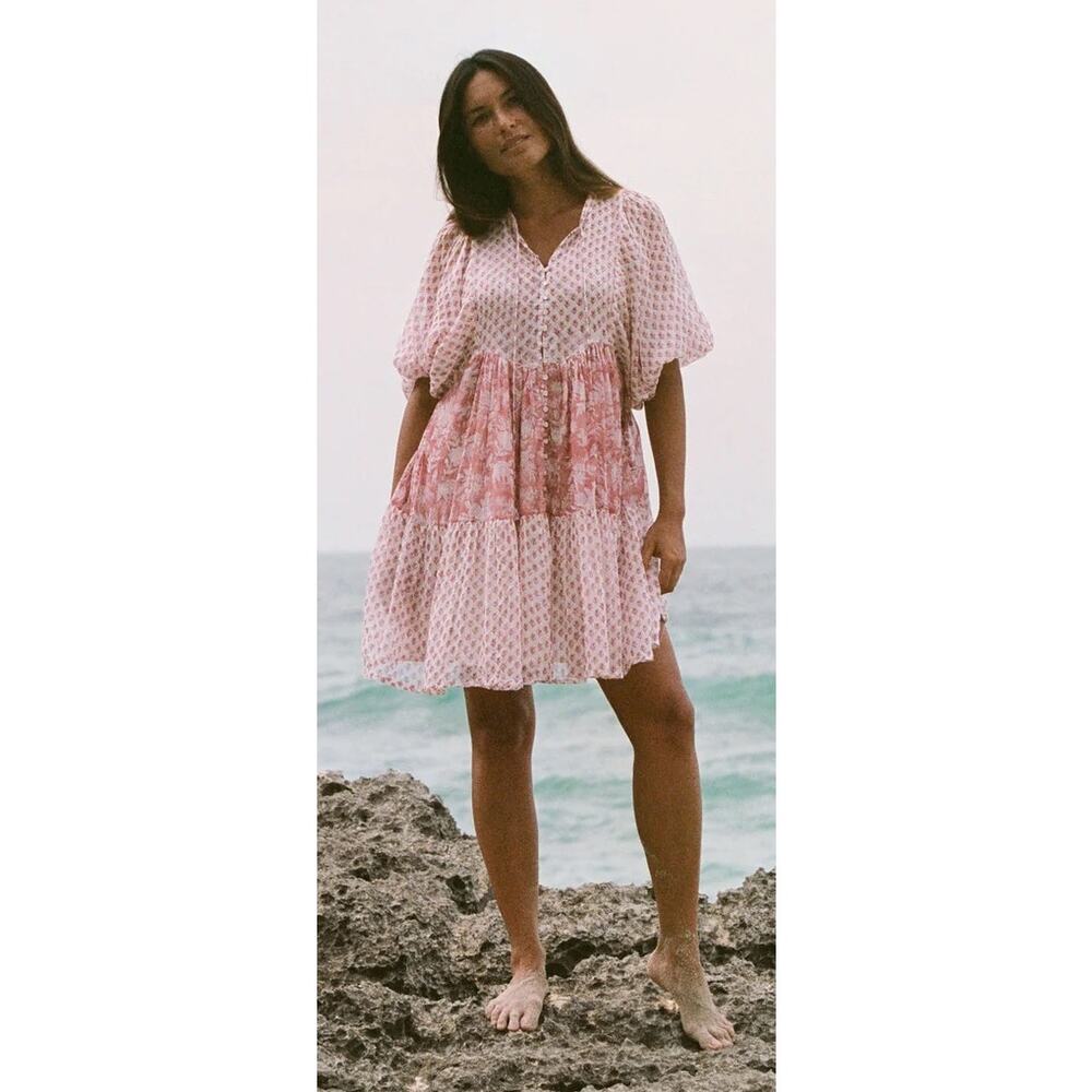 Daughters of India Womens Nora Mini Dress Boho Floral Primrose Pink White XL